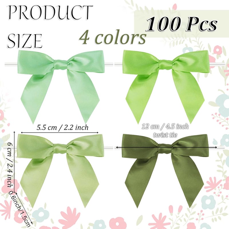 Adodotoe Christmas Twist Tie Bows, 100 Pcs Satin Twist Tie Bows for Treat Bag Satin Ribbon Tie Bows for Tying Up Packages Present Bags Bakery Candy Bags Decorating Ribbon Bow Gift Wrap Bows (Mix Green) - Image 2